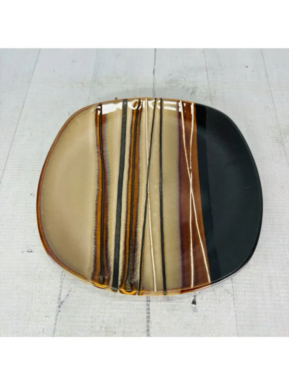 Home Trends BAZAAR BROWN Stoneware Square Emboss Stripe Lunch Salad Plate Set 4